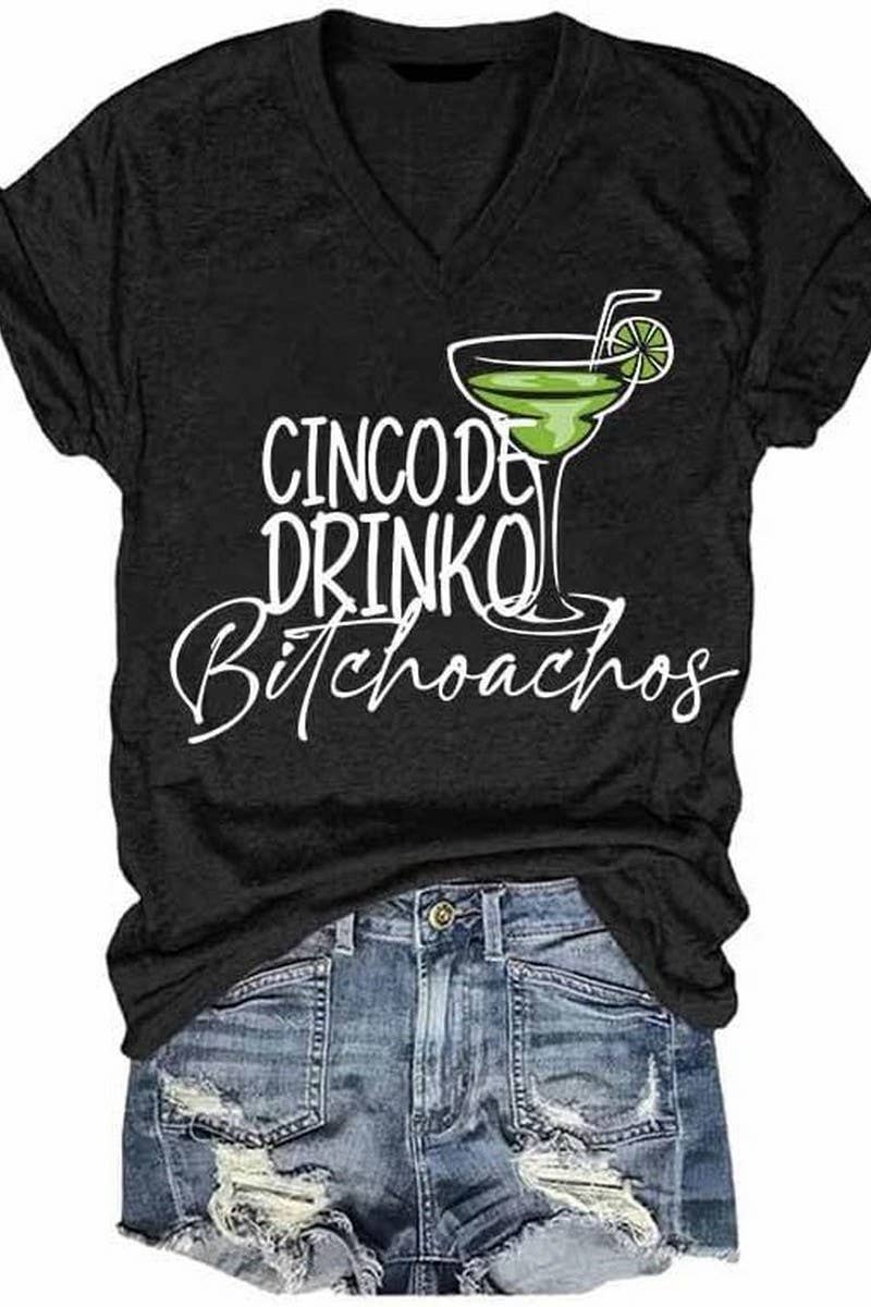 CWTTS1059_LETTER PRINTED V NECK CASUAL SHORT SLEEVED T SHIRT