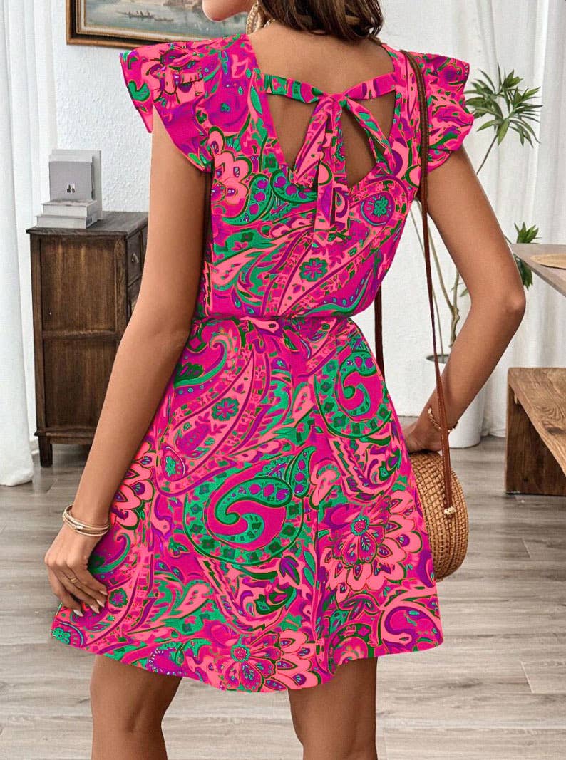 Feifei sleeve printe cinched waist lace-up dress