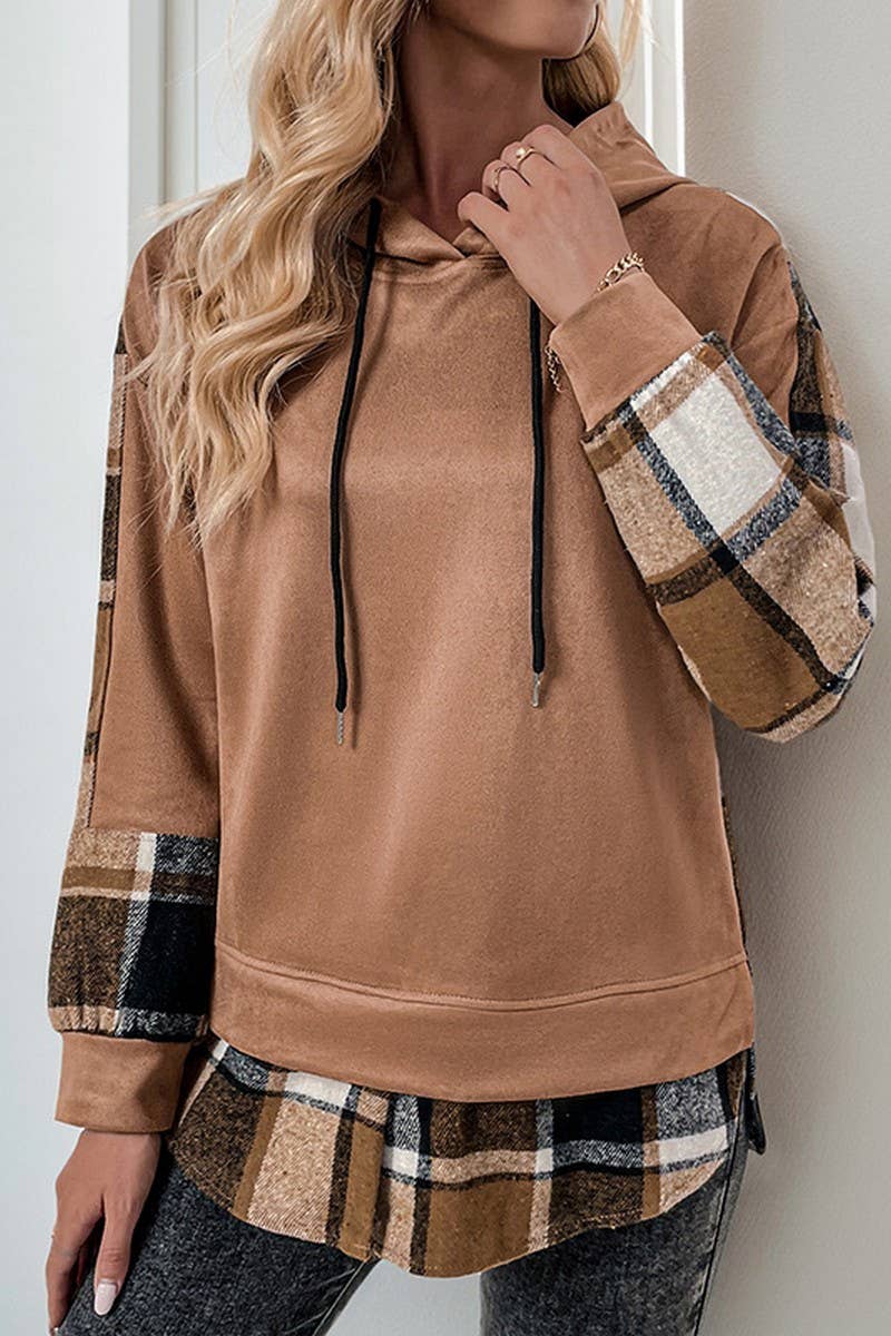 CWOHOL0906_LONG-SLEEVED PLAID COLORBLOCK HOODED SWEATSHIRT