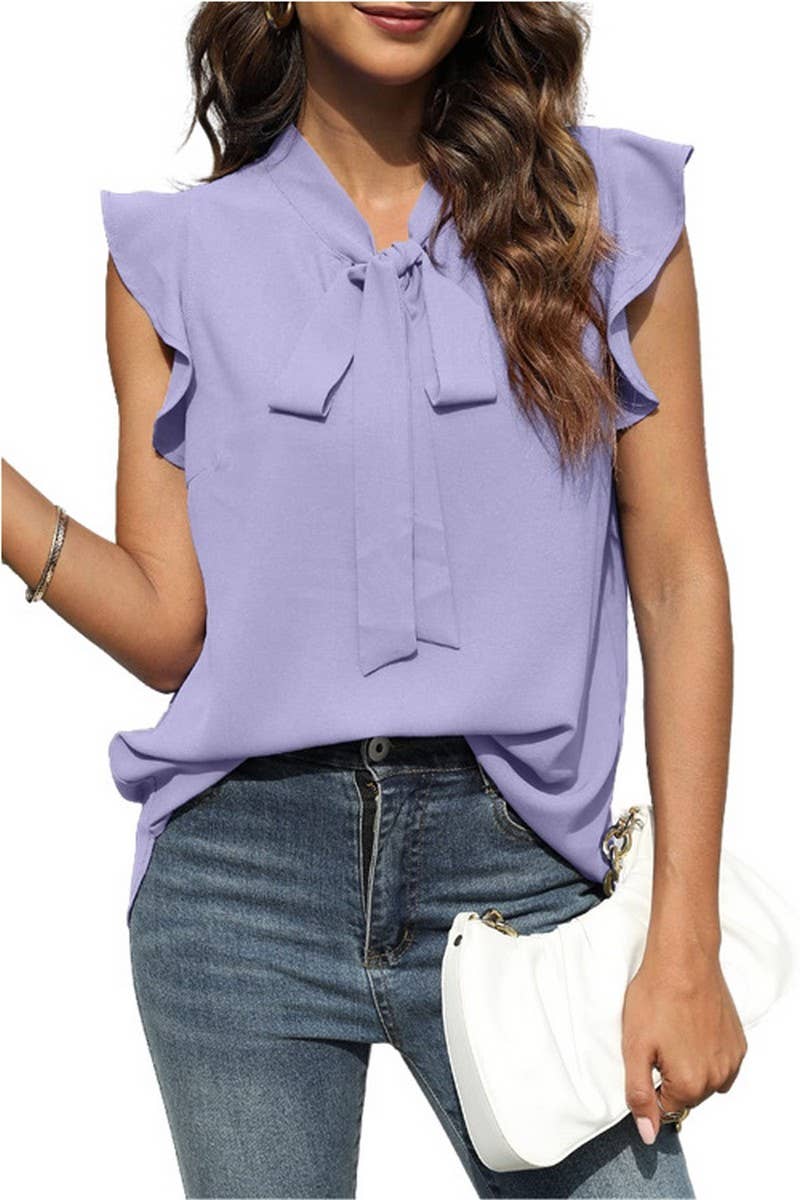 CWTTSL0520_SUMMER V-NECK LOTUS SLEEVE SOLID COLOR SHIRT