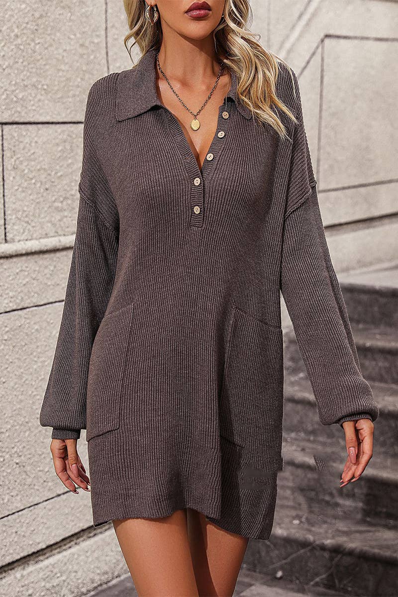 CWOSWL602 Loose V-Neck Button  Foldover Collar Sweater