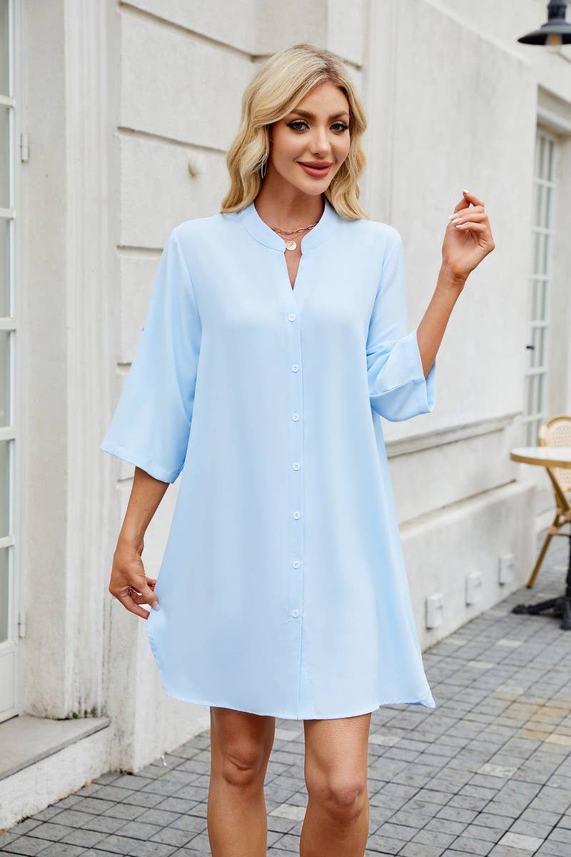 CWTDSS0073_SOLID LOOSE FIT MID SLEEVE BUTTON SHIRT DRESS