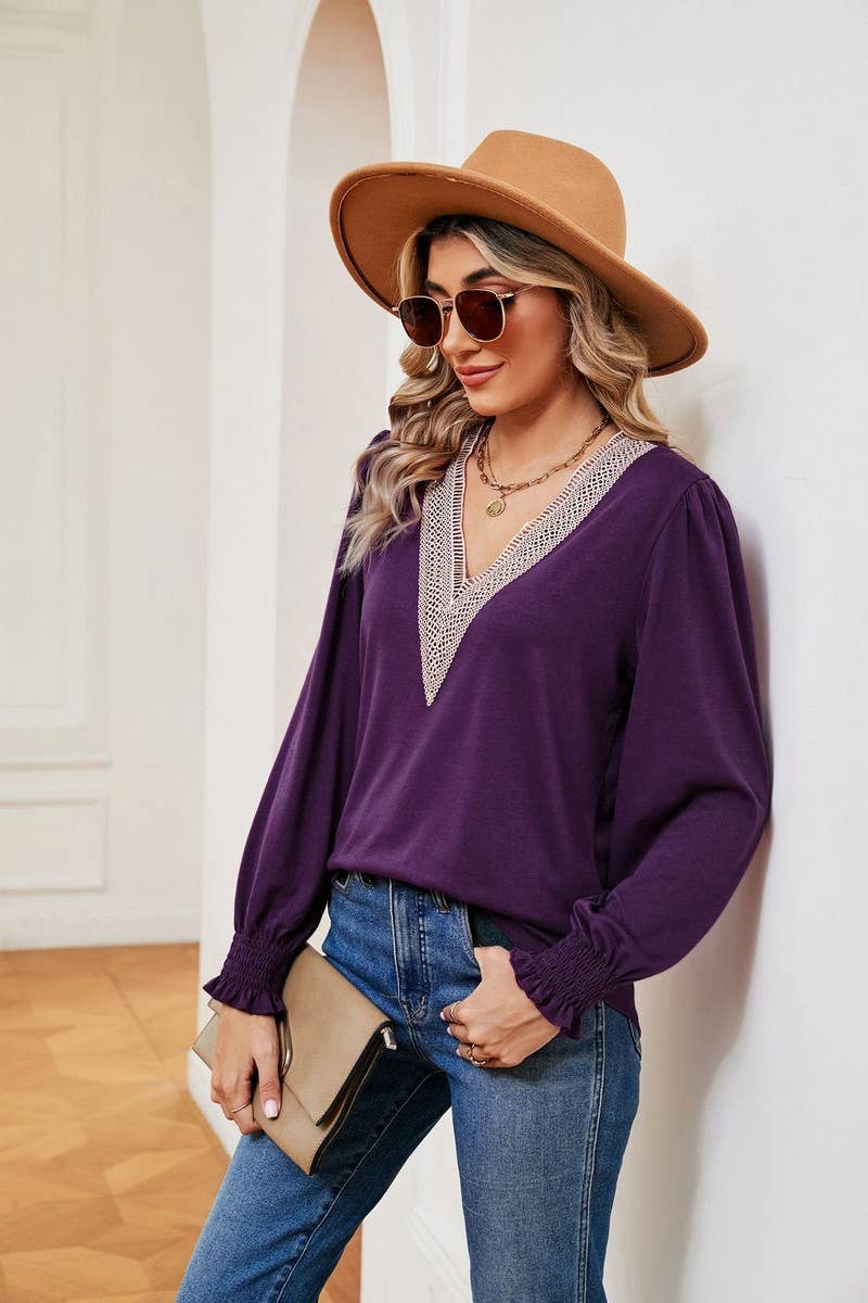 CWTBLL2395_V-NECK LACE RUFFLE SLEEVES LOOSE CASUAL TOP