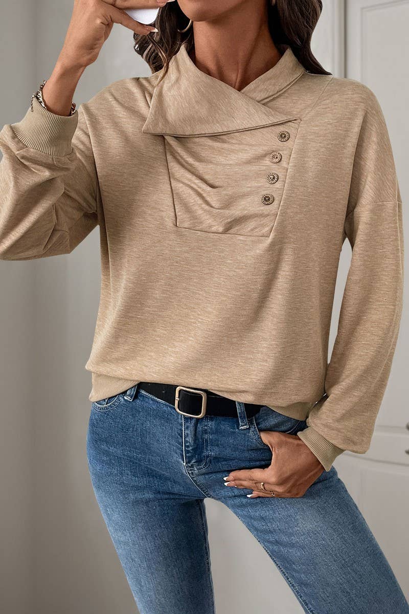 CWTBLL2299_SOLID COLOR PLEATED BUTTON STAND SWEATSHIRT