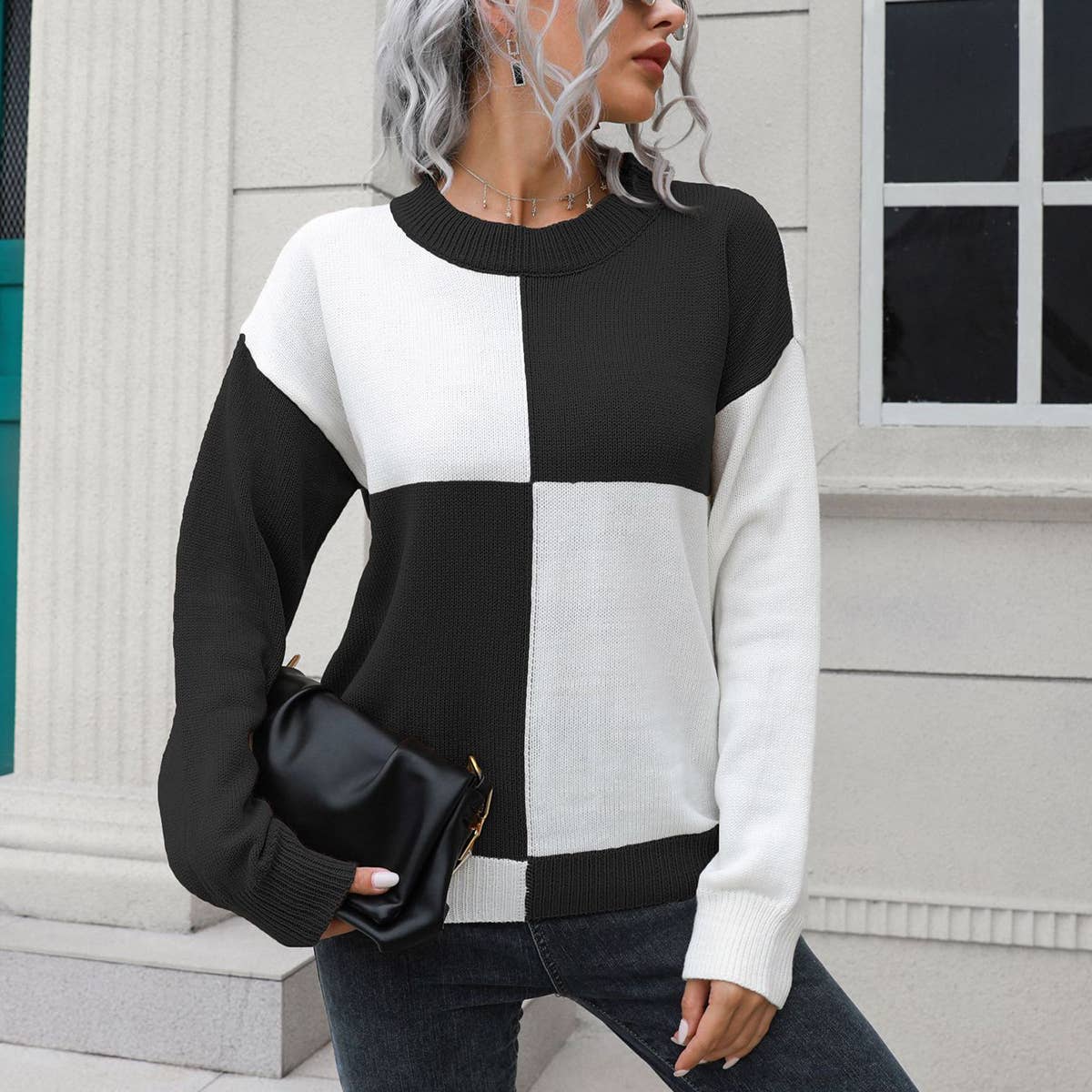 DESIGN SENSE CHECKERED LONG-SLEEVED SWEATER