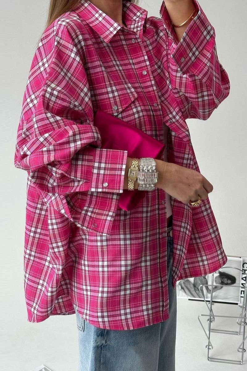 CWTBLL00570_LOOSE CASUAL LONG-SLEEVED PINK PLAID SHIRT
