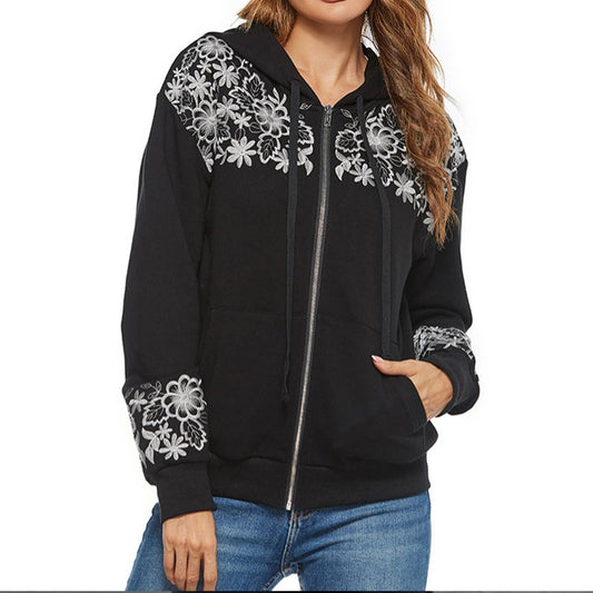 DESIGN SENSE EMBROIDERY HOODED TOP CARDIGAN COAT