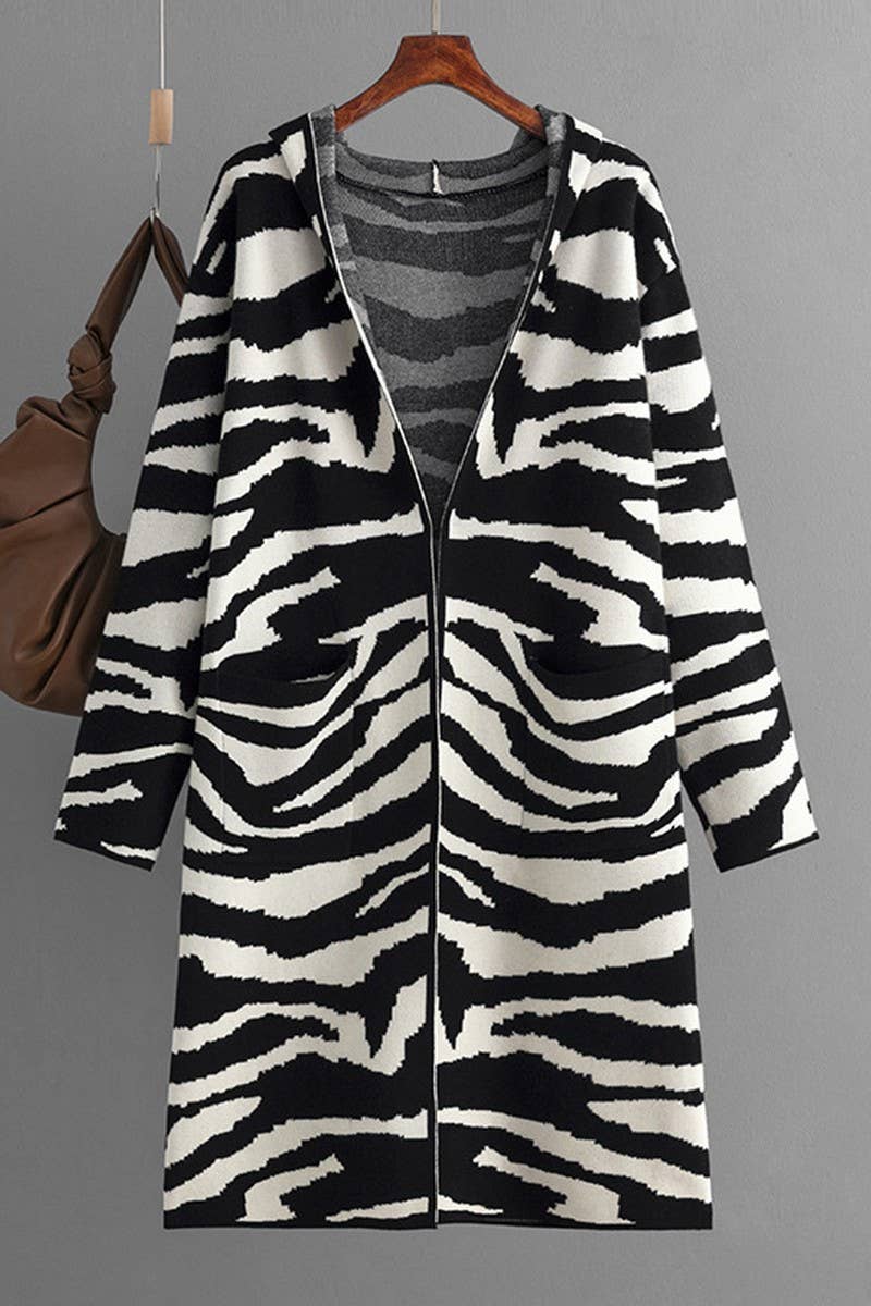 CWOCAL00679_V NECK HOODED ZEBRA PRINT LONG CARDIGAN