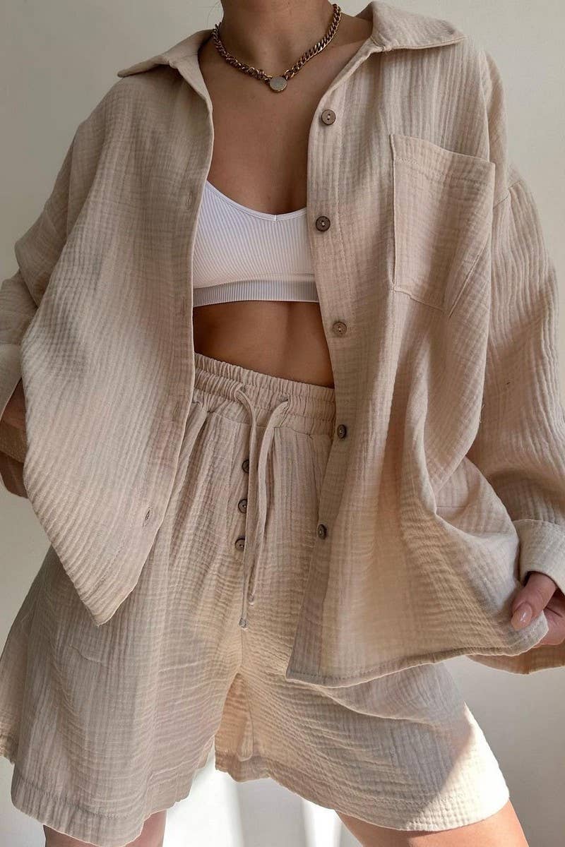 CWSTB1358_LAPEL SHIRT DRAWSTRING SHORTS TWO-PIECE SET