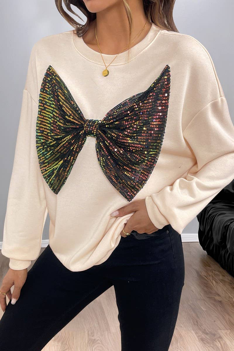 CWTBLL00770_SEQUIN BOW DETAIL CREWNECK PULLOVER SWEATSHIRT