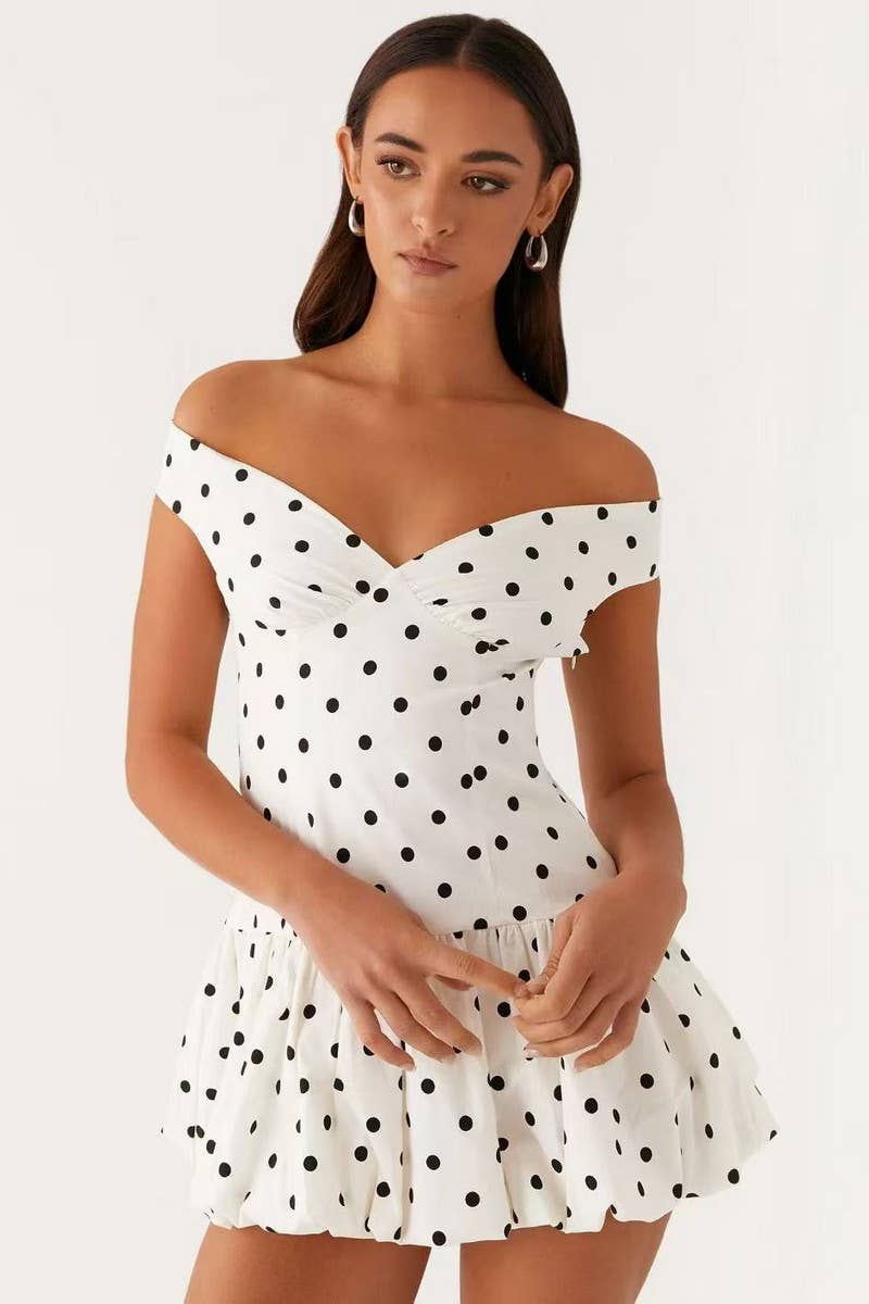 CWDSD8531_SEXY OFF-SHOULDER POLKA DOT MINI DRESS