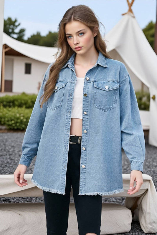 CWJT00079_WASHED RAW EDGE LONG SLEEVE LAPEL DENIM TOP