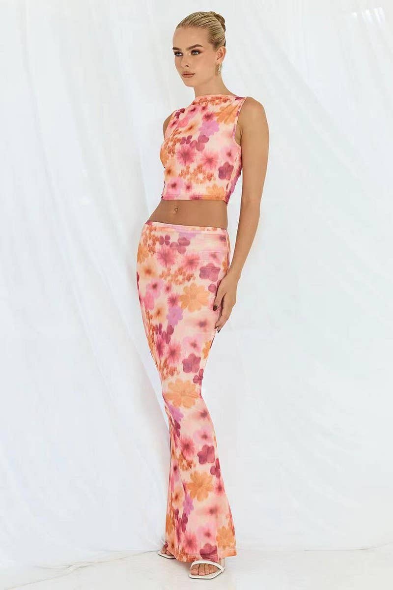 CWSTB1951_SLEEVELESS MESH FLORAL PRINT SKIRT SET