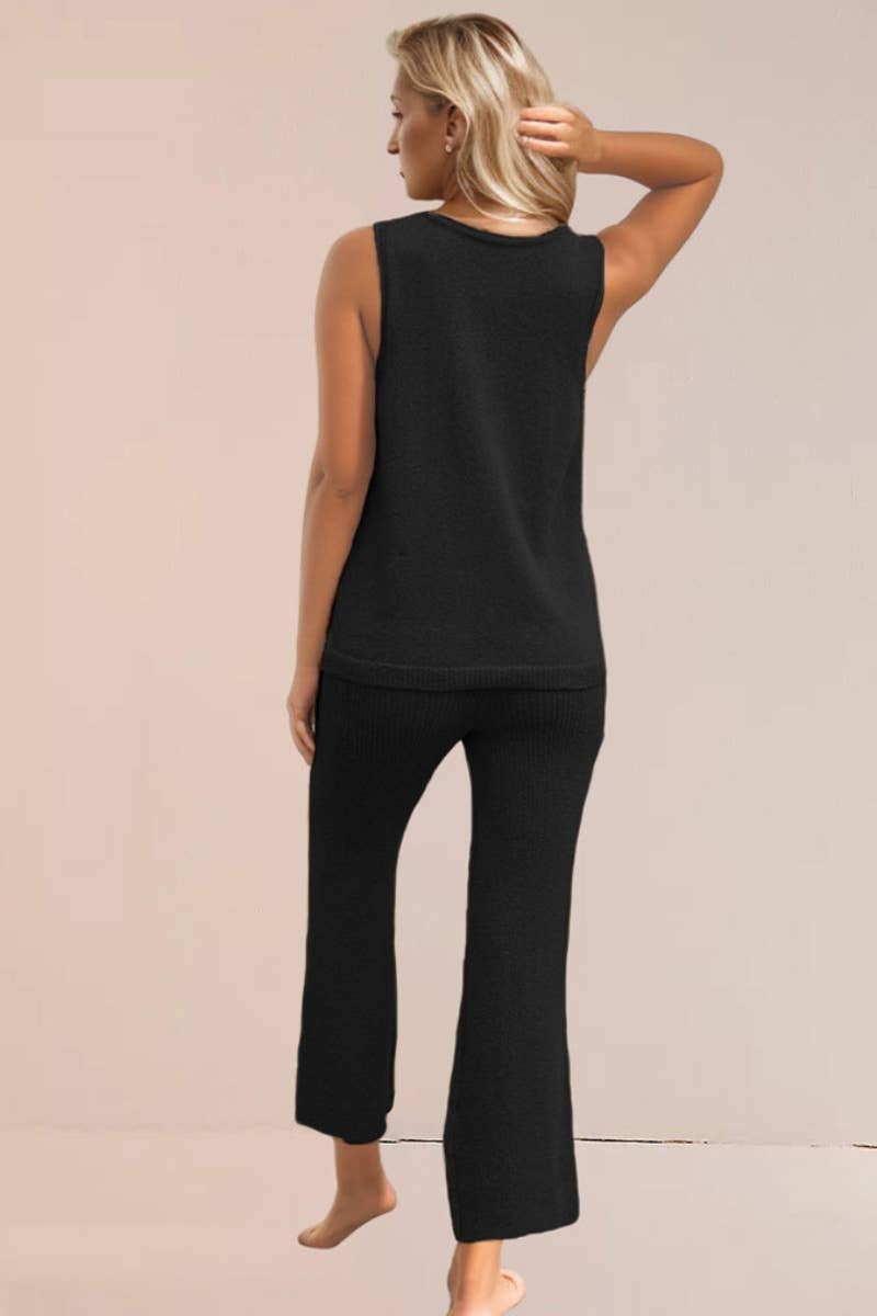 CWSS0495_KNIT SLEEVELESS TOP AND PANTS SUIT FOR WOMEN
