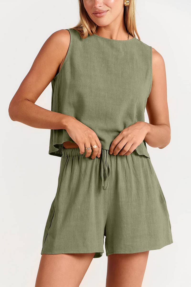 CWSTB1594_SOLID COLOR SLEEVELESS TOP SHORTS TWO PIECE SET