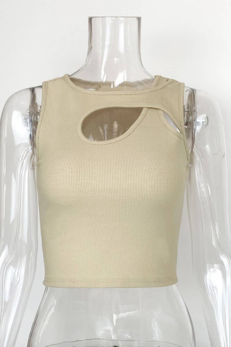 CWTTK0816_SOLID COLOR HOLLOW CHEST SHORT VEST