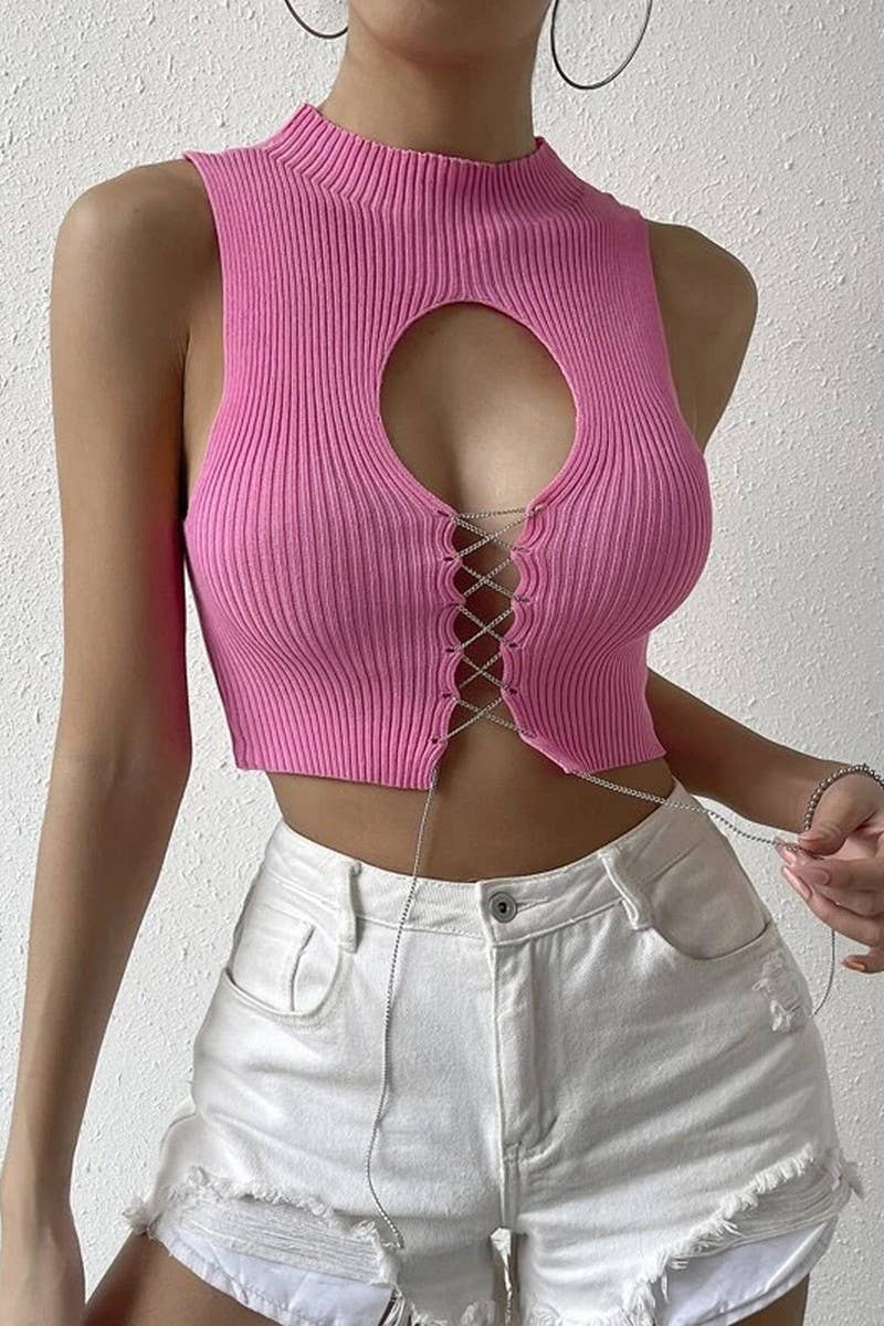 CWTTSL0367_SEXY HOLLOW STRAP SOLID COLOR SLIM FIT KNIT VEST