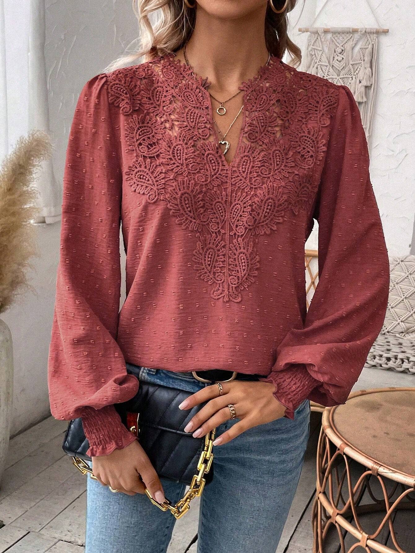 Fashion V-neck lace long sleeve casual T-shirt