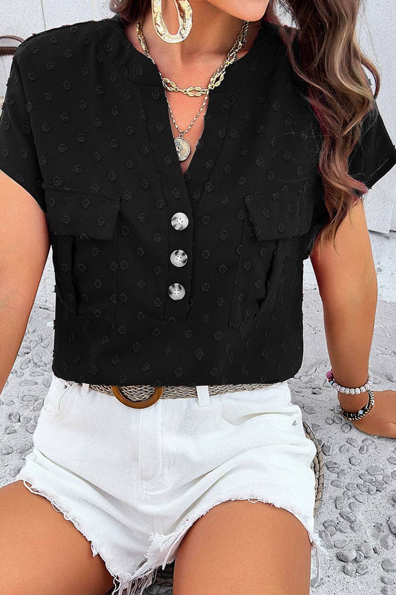 CWTBLS0387_V-Neck Button Detailed Short Sleeve Top