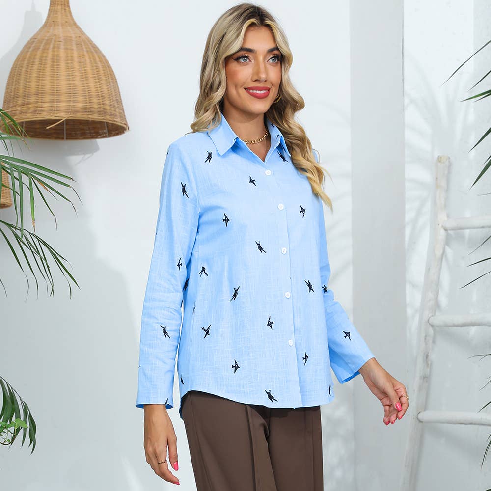 COTTON AND LINEN ANIMAL PRINT CASUAL LAPEL SHIRT