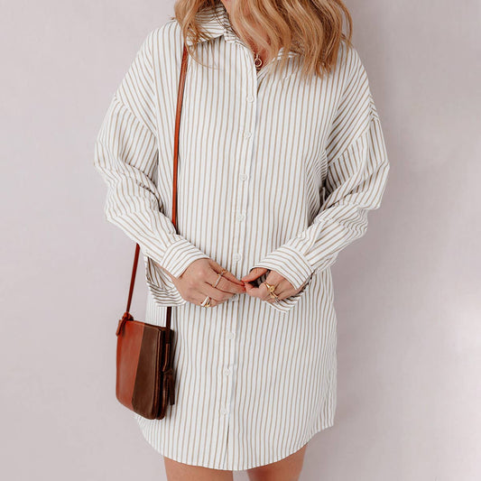 COMMUTER STYLE STRIPE SINGLE-BREASTED SHIRT DRESS