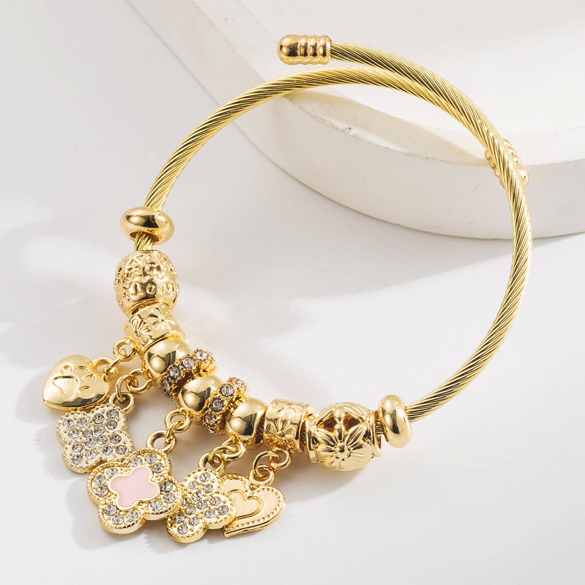 Trendy Gold Clover Heart Charm Bracelet