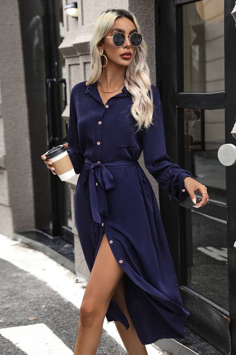 CWDMD4733_ELEGANT MID-LENGTH SOLID COLOR LAPEL DRESS