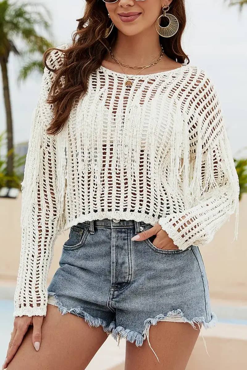 CWTBLS1757_FRINGED HOLLOW SOLID COLOR BIKINI BEACH COVER-UP