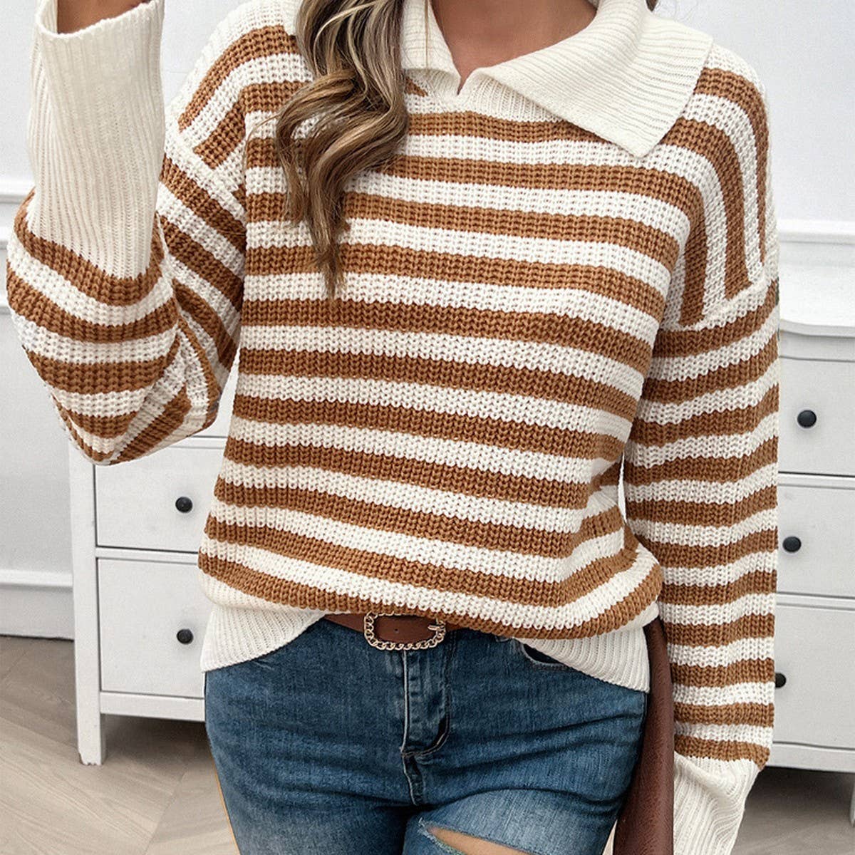 Casual baggy lapel striped long-sleeved sweater