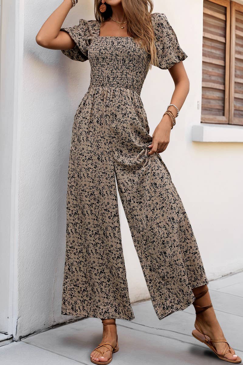 CWSJS1277_SQUARE NECK PUFF SLEEVE WIDE LEG PRINT JUMPSUIT