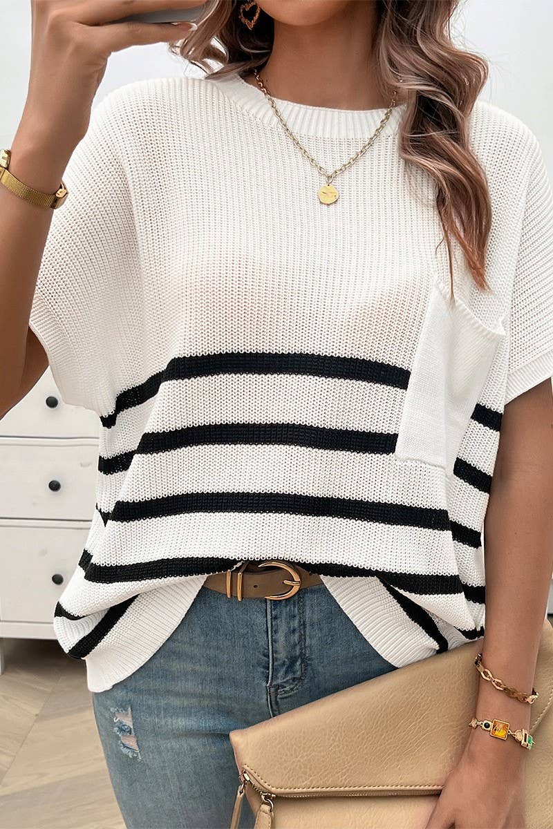 CWOSWS0077_CREW NECK STRIPED CONTRAST SHORT SLEEVE SWEATER