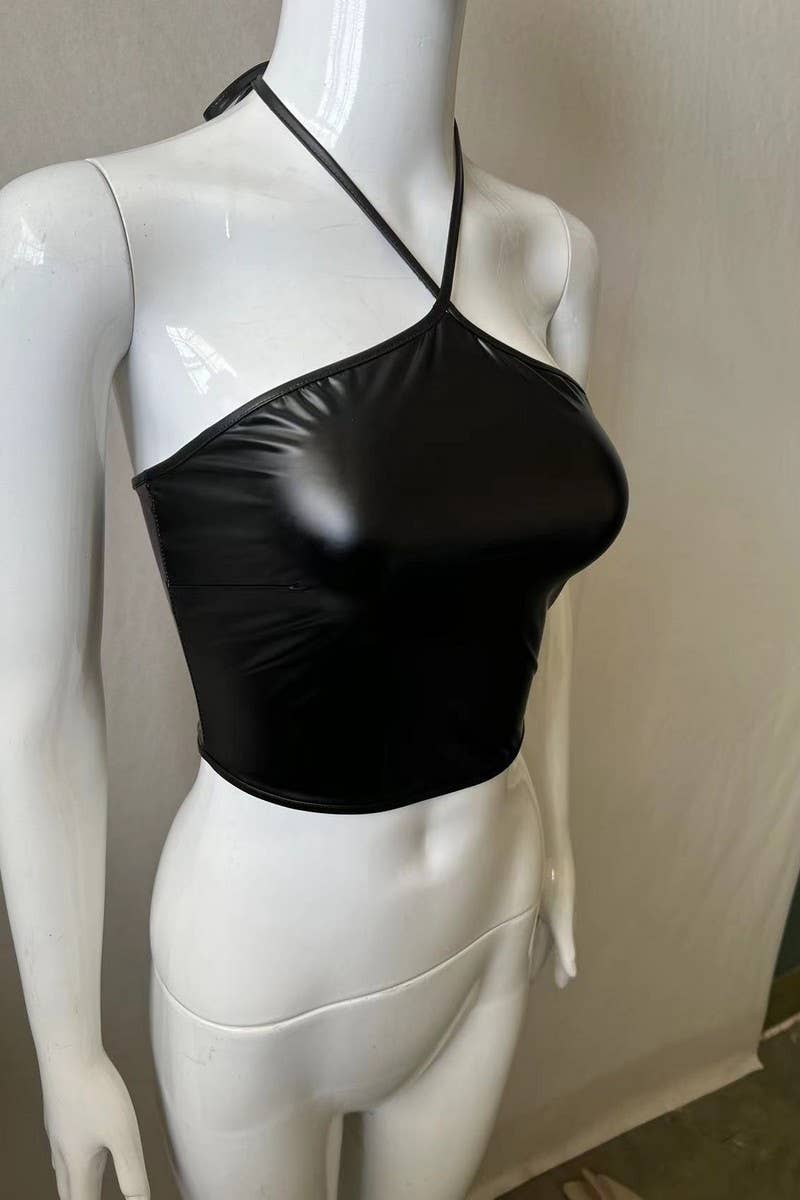 CWTHT0149_TIGHT-FITTING HALTERNECK TUBE TOP PU LEATHER TOP