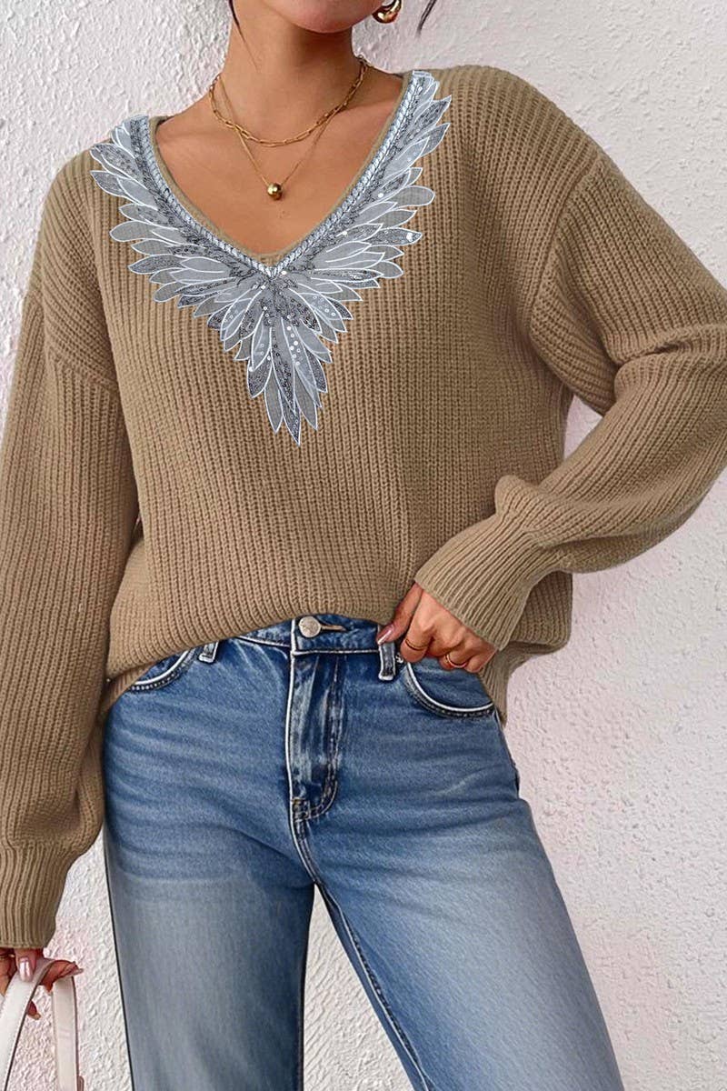 CWOSWL07330_WOMEN SEQUIN LACE V NECK LOOSE KNIT SWEATER