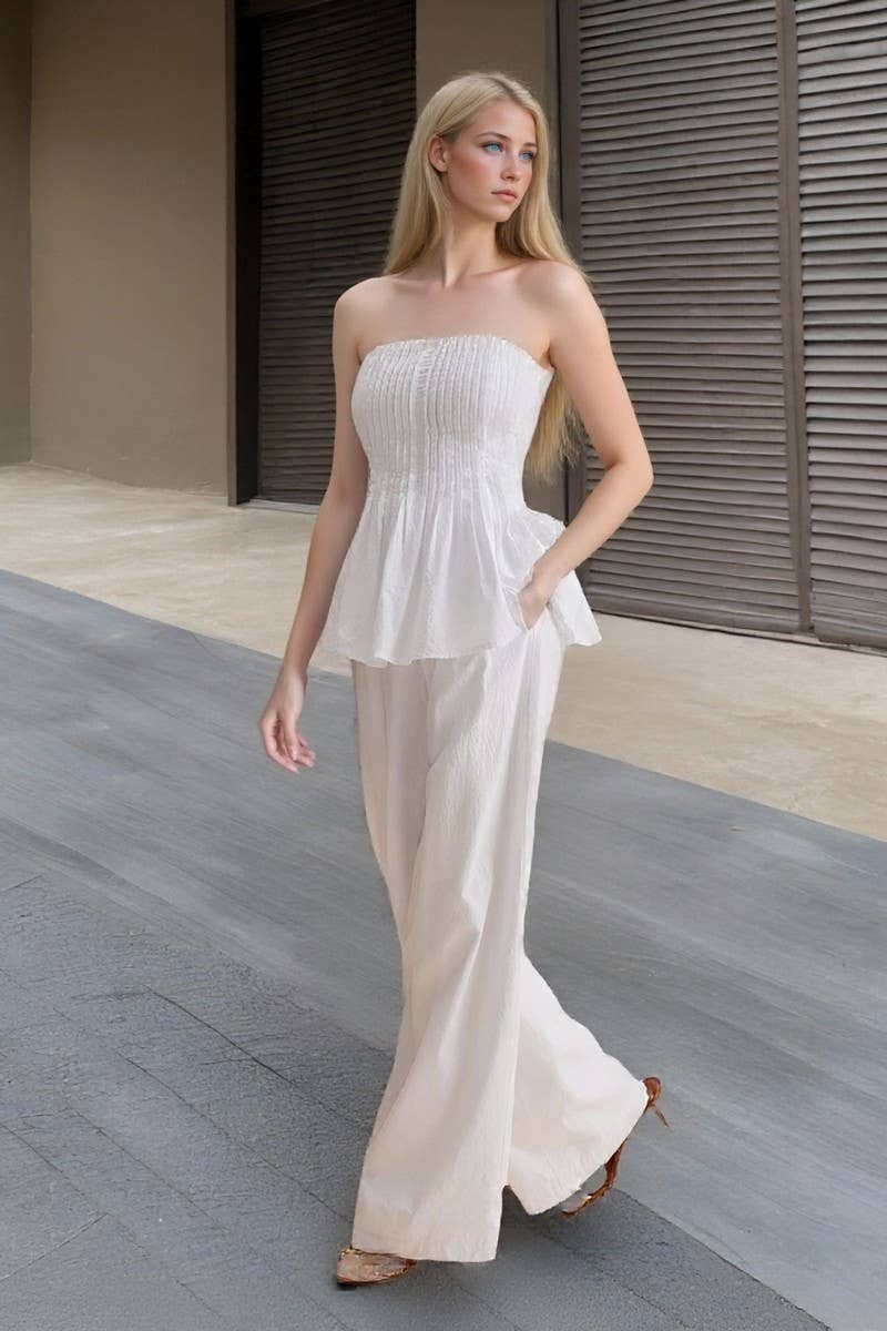 CWSTB2152_WHITE OFF-SHOULDER TUBE TOP & PANTS SET