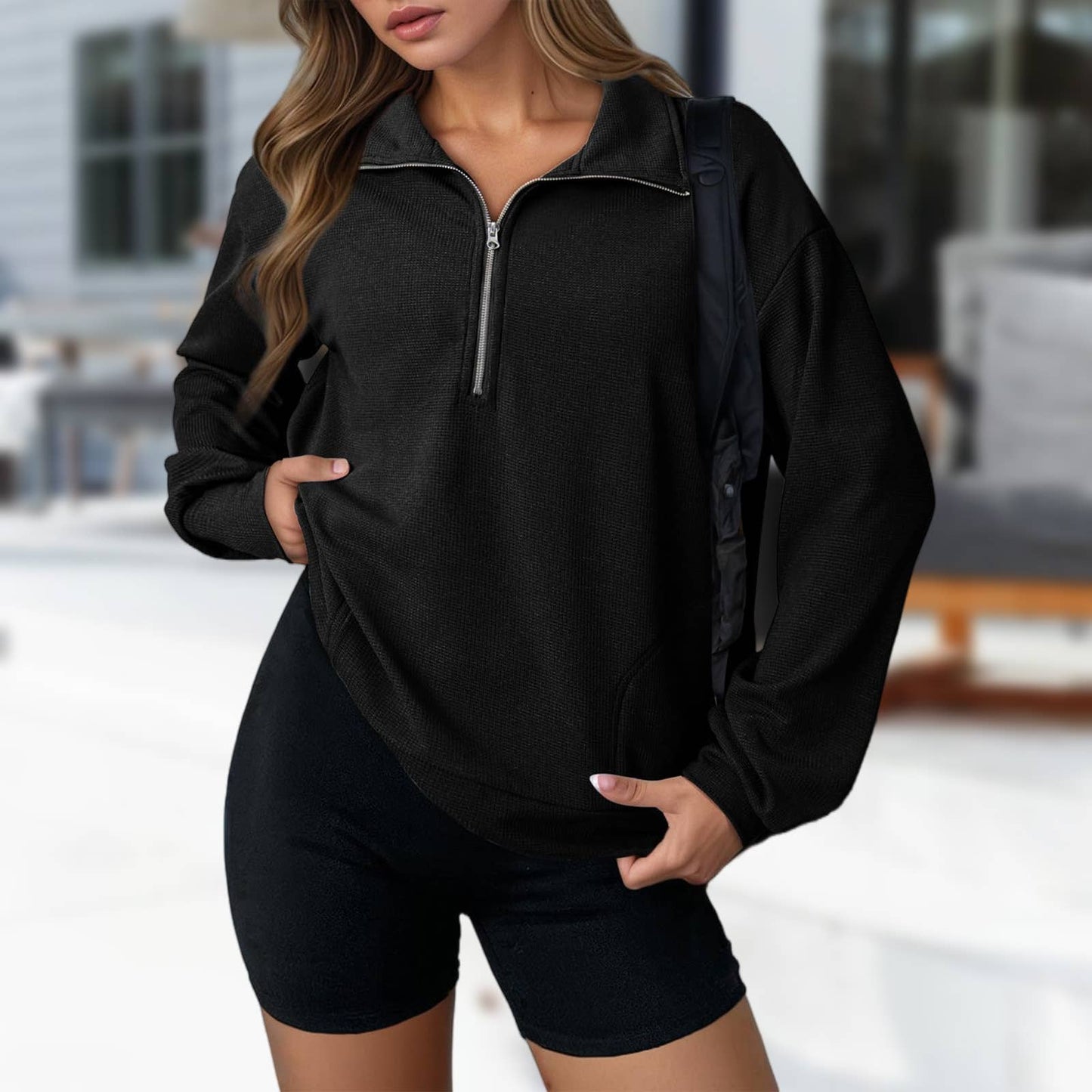 Fashionable loose lapel zipper lapel sweatshirt
