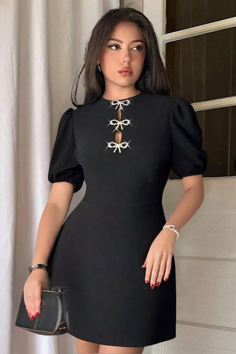 CWDSD8276_CRYSTAL BOW CUTOUT PUFF SLEEVE CINCHED DRESS
