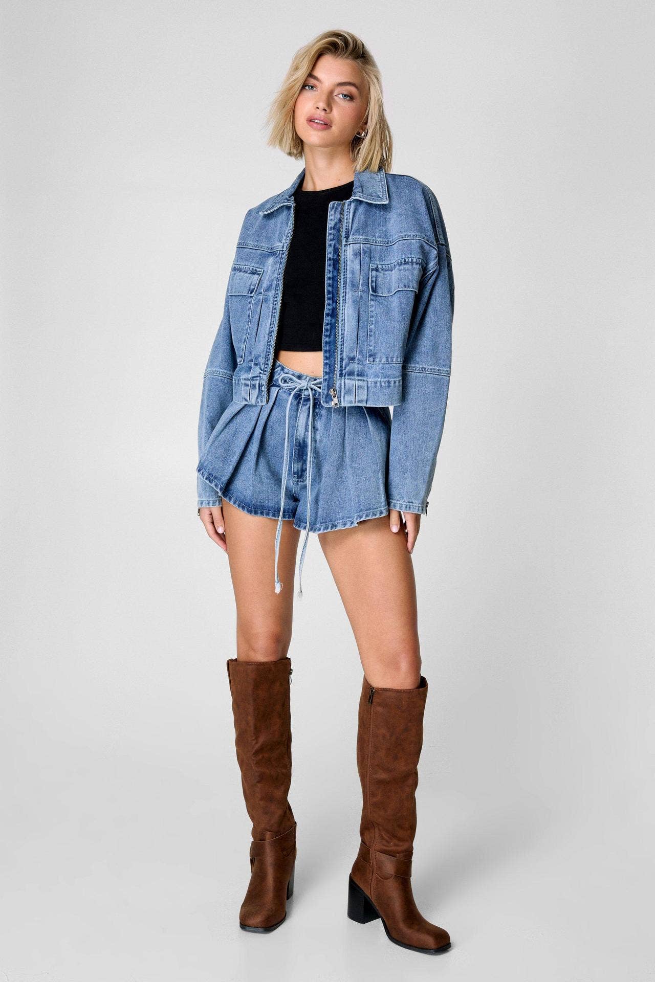 CARGO STYLE DENIM JACKET HIGH WAIST SHORT SUIT