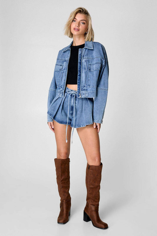 CARGO STYLE DENIM JACKET HIGH WAIST SHORT SUIT