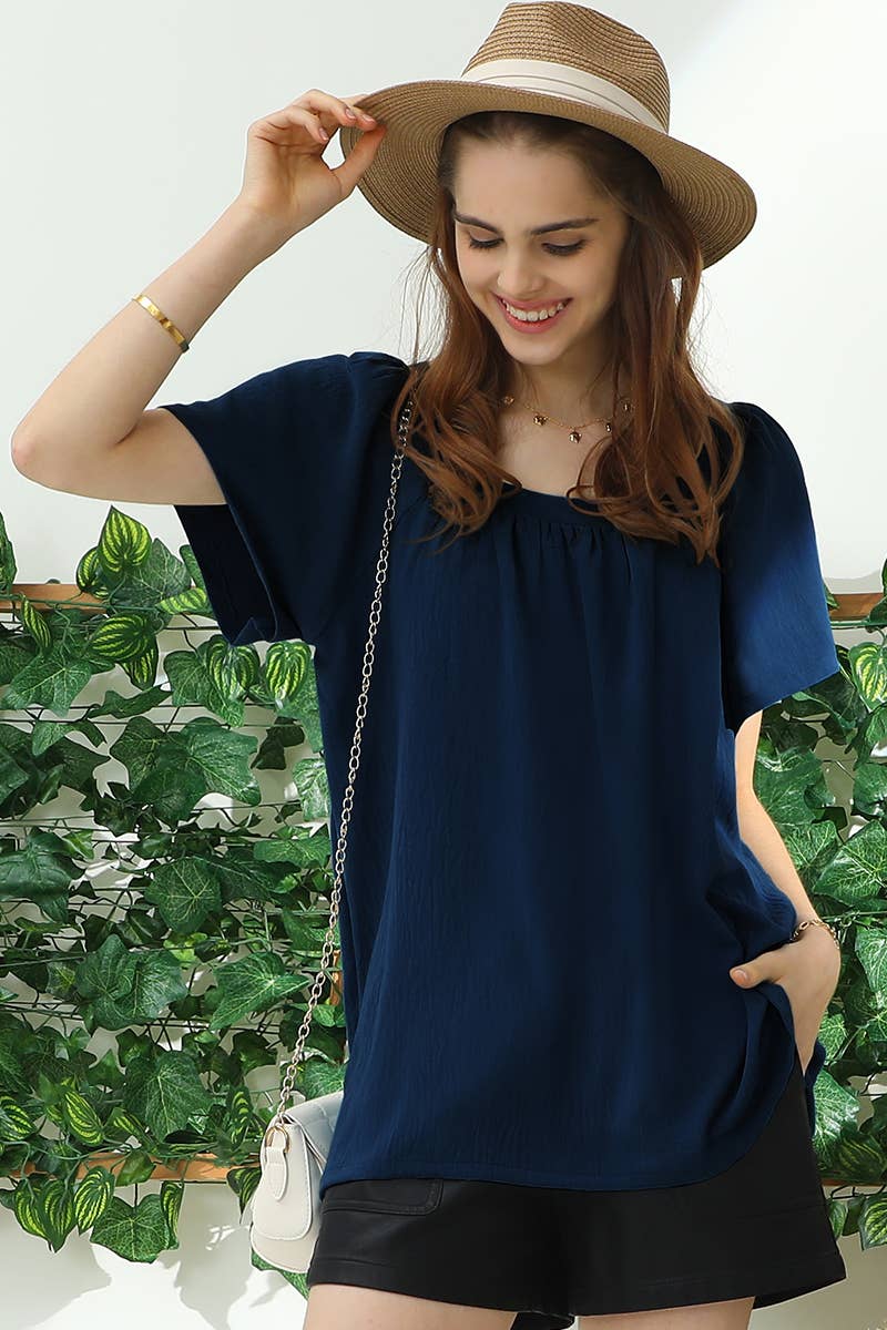 CWTBLS192-P_SQURE NECK RUFFLE NECK SHORT SLEEVE BLOUSES TOP