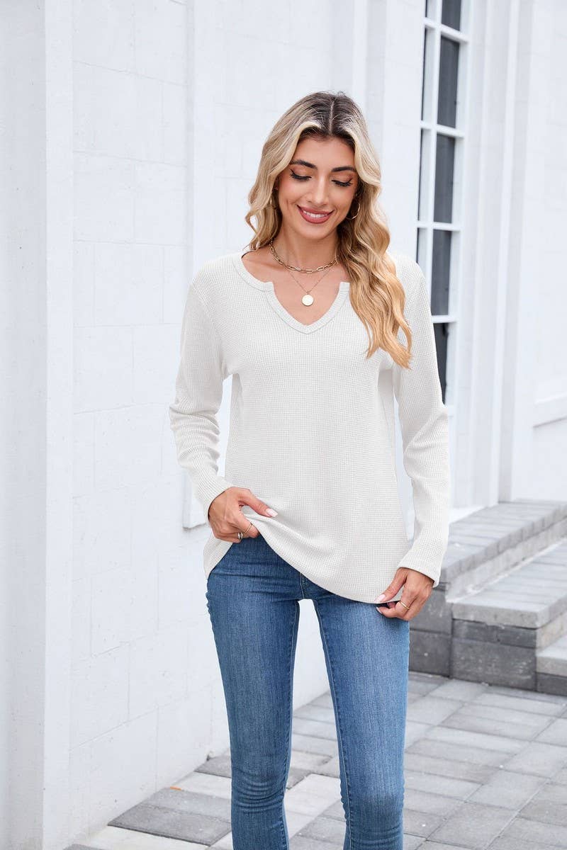 CWTBLL01294_V-NECK WAFFLE LONG-SLEEVED LOOSE T-SHIRT TOP