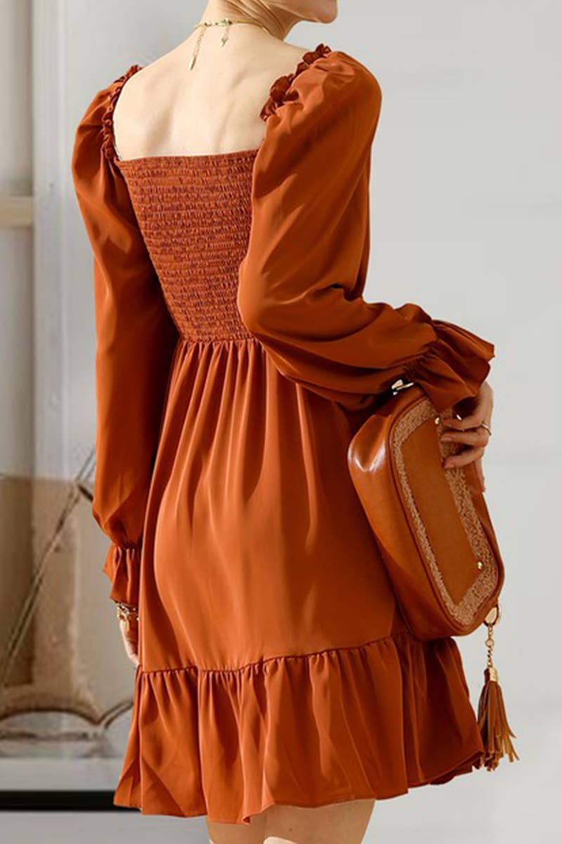 CWDSD10342_RUFFLE HIGH WAIST LONG SLEEVE CASUAL DRESS