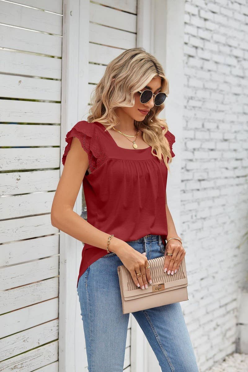 CWTTSL0245_Squre Neck Ruffle Sleeveless Knit Top