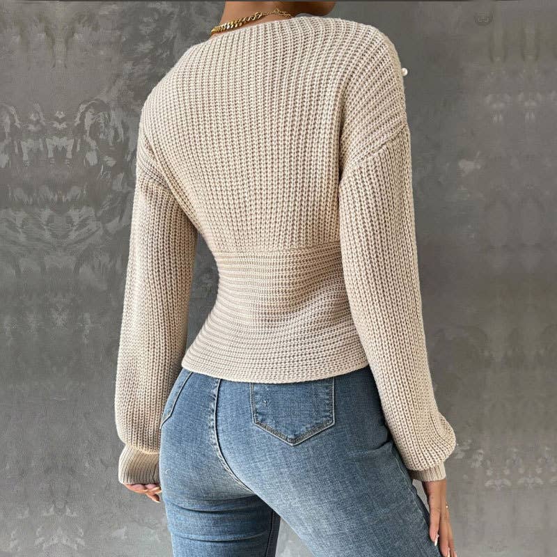 Beaded one-shoulder slimming knitted sweater