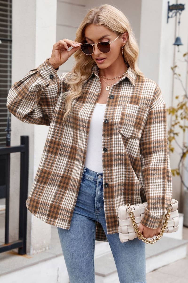 CWTSTL1719_AUTUMN PLAID FLANNEL LONG-SLEEVED WOOLEN SHIRT