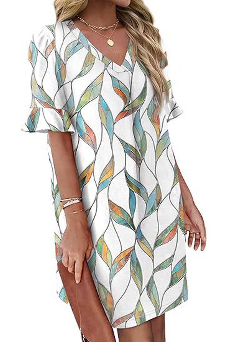 CWDSD8811_V-NECK TRUMPET SLEEVES POCKET SHORT SLEEVE DRESS