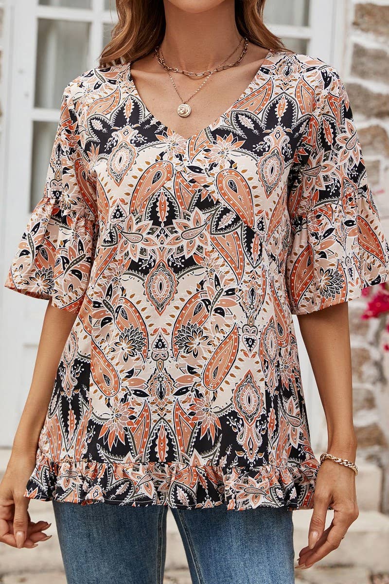 CWTBLS0347_V-Neck Short Sleeve Print Top