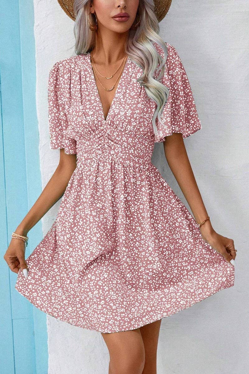 CWDSD7524_SUMMER V-NECK HIGH WAIST FLORAL PLEATED DRESS