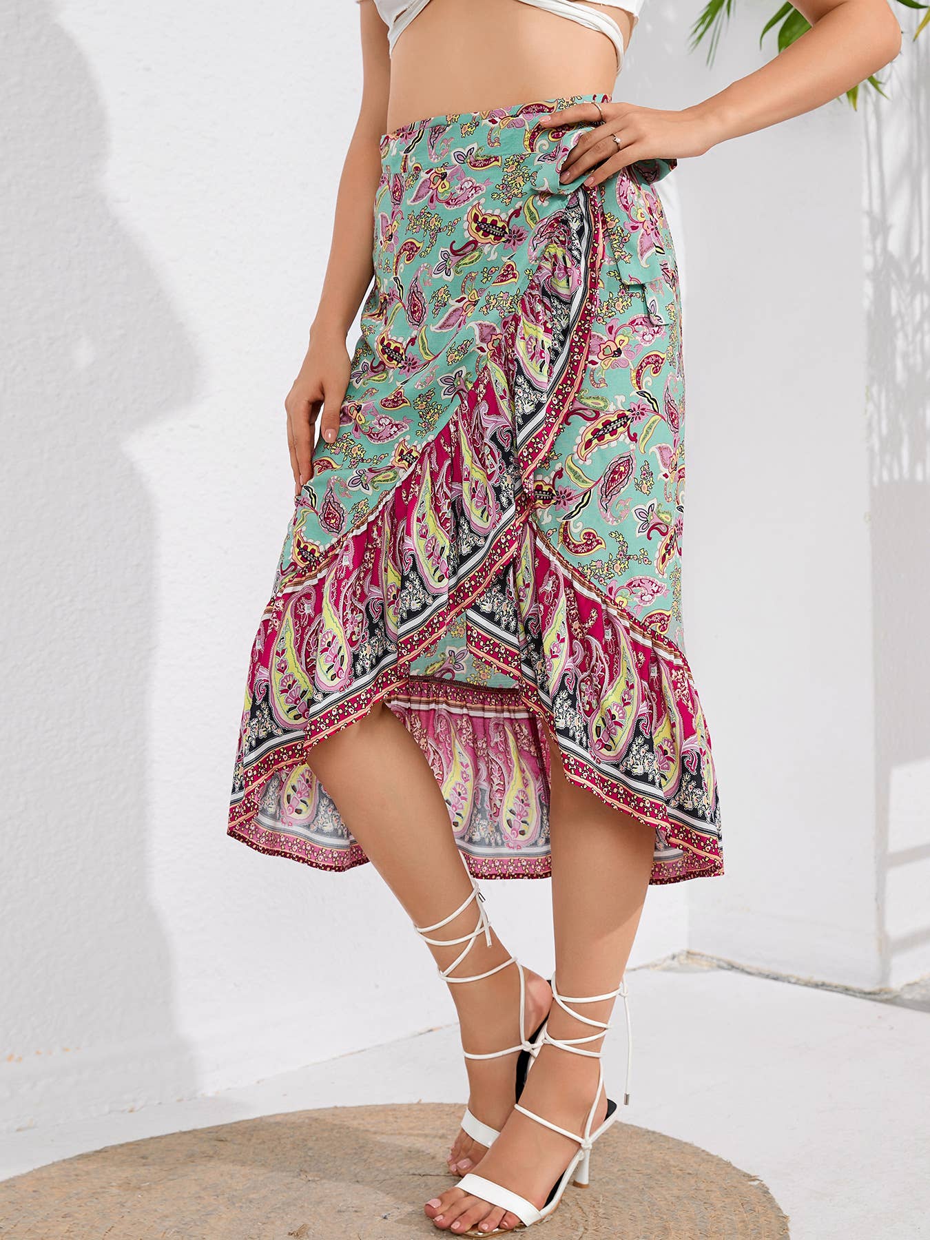 Bohemian print lace-up irregular split skirt