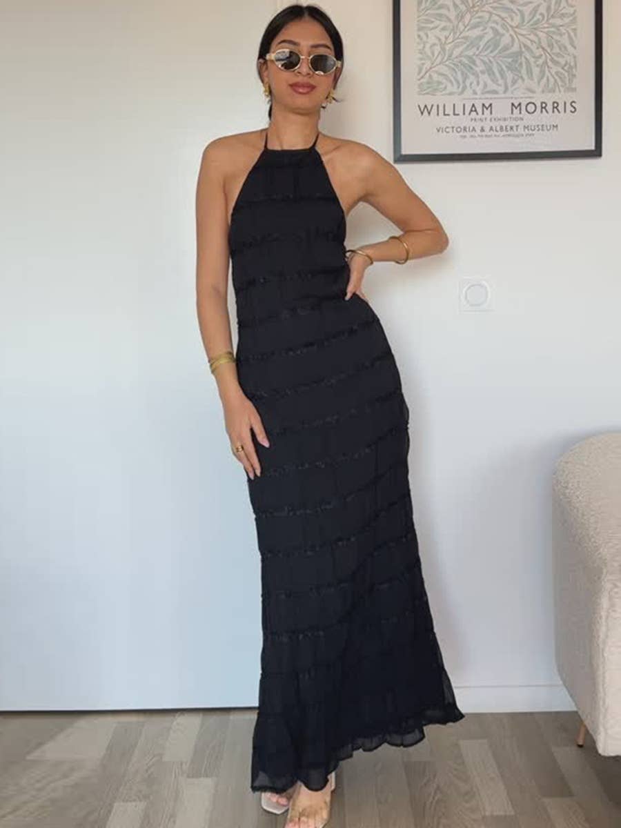 Backless pleated striped personalized dress