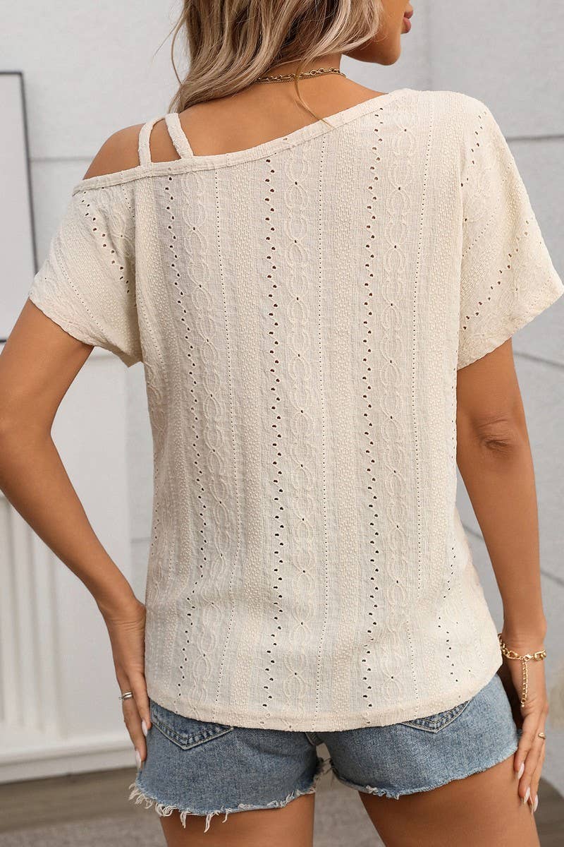 CWTBLS1717_SOLID COLOR ONE SHOULDER HOLLOW SHORT SLEEVE TOP